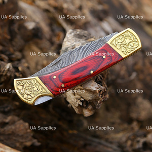 Cuchillo Plegable de Damasco Forjado a Mano con Empuñadura de Madera Pakka y Bolster de Latón Grabado, Cuchillo de Bolsillo, Venta al por Mayor OEM ODM Directo de Fábrica - Product Image 3