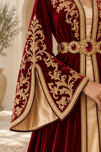 Caftán Marroquí de Terciopelo Color Ciruela con Mangas Campana, Cinturón Adornado con Joyas y Vestido Interior de Satén Color Champán, Cuello en V, Corte Holgado, Ideal para Fiestas y Eventos - Product Image 5