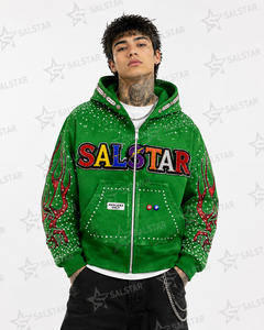 เสื้อฮู้ดดี้ผู้ชายสีเขียวประดับเพชรเทียมลายกราฟิก ซิปหน้า สไตล์สตรีทแวร์ พรีเมียม ปักลายฮิปฮอป แฟชั่น - Product Image 3