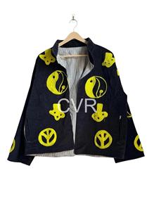 Manteau en velours noir brodé avec des symboles jaunes de la paix et du Yin et du Yang, col mandarin, manches longues, vêtement décontracté d'automne pour adultes - Product Image 2