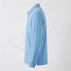 เสื้อโปโลแขนยาวสีฟ้าอ่อนสำหรับผู้ชาย ผ้าฝ้ายถัก 100% ระบายอากาศได้ดี ดีไซน์เรียบง่าย สวมใส่สบาย ทรงปกติ - Product Image 3