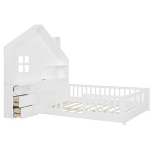Letto per bambini bianco a grandezza naturale con finestra, cassetti laterali, ripiani e set di prese USB - Product Image 3