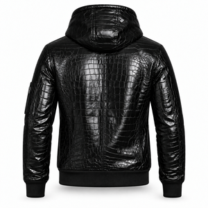 Veste d'hiver pour homme en cuir noir gaufré façon croco et toile, style détachable, fermeture éclair intégrale, poignets côtelés, taille ajustable, poches utilitaires sur les bras - Product Image 2