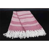 100% Cotton Turkish Peshtemal Beach Towel Pink & White Striped Lightweight Bath Towel with Tassels for Beach, Spa, Pool