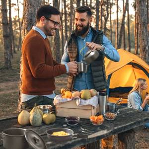 Juego de utensilios de cocina de aluminio para acampar de 12 piezas con bolsas de almacenamiento, incluye olla, tetera, taza, tenedor, cuchara, cuchillo para senderismo al aire libre, Picnics - Product Image 1