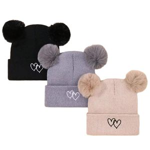Baby Beanie Hat With Pom Poms Embroidered Hearts Solid Color <b>Winter</b> <b>Cap</b> Unisex Knitted Warm Hat - Product Image 4