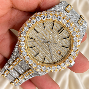 Montre de luxe Raj Gems en moissanite, verre 41 mm, ton or, mouvement à quartz analogique, bracelet en acier inoxydable, unisexe, 20 mm, étanche - Product Image 4