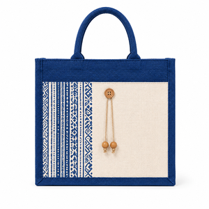 Bolsa de Yute Geométrica Laminada Azul con Asa de Cuerda, Bolsa de Compras Reutilizable Ecológica para Bodas y Exposiciones, Venta al Por Mayor - Product Image 2