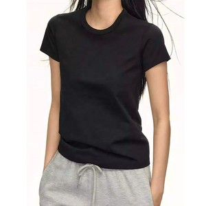 T-shirt court blanc en coton à col rond et manches courtes pour femme, coupe ajustée, décontracté, printemps-été, en jersey tricoté respirant, couleur unie, OEM - Product Image 2