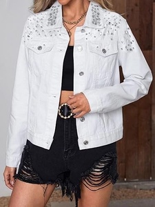 White Denim Jacket With Rhinestone Rivet Decoration Turn-down Collar Single Breasted Casual Style Regular Sleeve Spring Wear - Product Image 1