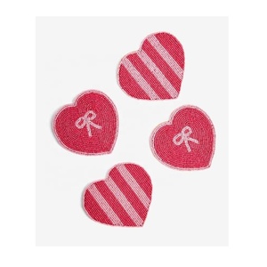 Heart Shape Glass Beads Handmade 10cm <b>Red</b> & Pink Stripe <b>Bow</b> Design Tea Coaster Set for Coffee Mug & Tea Cup Dining Decor - Product Image 1