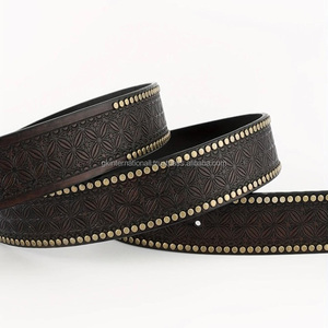 New Ethnic Style Retro Carved Floral Embossed Western Leather Tooling <b>Belt</b> for Men with Brass Buckle and Rivet <b>Studs</b> - Product Image 3