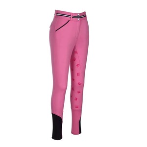 Culotte d'équitation taille haute pour femme, rose, longueur intégrale, extensible dans quatre directions, avec imprimé couronne et revers noirs - Product Image 2
