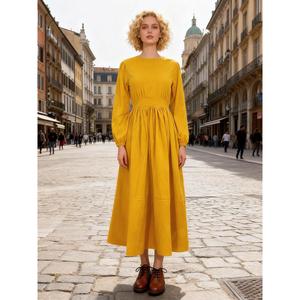 Robe longue bohème unie jaune moutarde pour femme, col en V, manches longues, taille haute élégante, coupe fluide, style décontracté, robe midi - Product Image 5