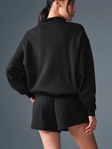 Women's Black Stand Collar <b>Zip</b>-<b>Up</b> Sweatshirt Regular Sleeve Solid Color Casual Knitted Cotton Top Autumn Wear - Product Image 3