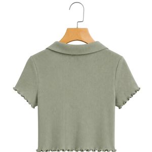 เสื้อโปโลครอปแขนสั้นทรงเข้ารูป คอวี แต่งชายเสื้อแบบลีทเช่ สีเขียวเซจ สำหรับผู้หญิง ผ้าถักแบบริบ ยืดได้ สวมใส่สบาย แฟชั่นลำลอง - Product Image 2