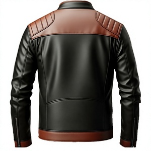Veste en cuir pour homme, veste de mode streetwear pour homme, veste en cuir matelassée marron avec fermeture éclair, couleur contrastée. - Product Image 2