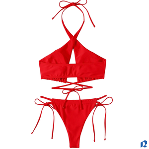 Conjunto de Bikini Rojo de 2 Piezas para Mujer, Traje de Baño Elegante, Ropa de Playa Transpirable, Sin Costuras, Logotipo Frontal Personalizable - Product Image 3