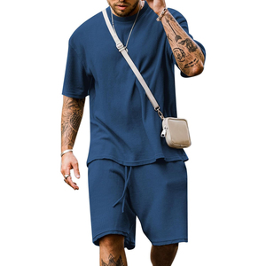 Conjunto de camiseta y pantalones cortos de algodón acanalado blanco para hombre, cuello redondo, informal, para verano, transpirable, de punto, color sólido - Product Image 6