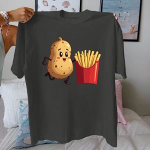 Camiseta informal de algodón 100% para mujer con estampado de dibujos animados de patatas fritas, ajuste cómodo - Product Image 1