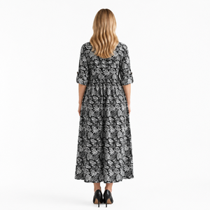 Black White Floral Print Midi <b>Dress</b> V Neck Long Sleeve Fit and Flare Casual Party <b>Dress</b> - Product Image 3