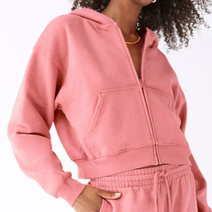 <b>Women's</b> Cropped Hooded Sweatshirt Solid Color Full Sleeve Fleece Casual <b>Zip</b>-<b>Up</b> <b>Top</b> With Pockets Autumn Wear - Product Image 5