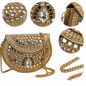 New Mini Kundan Design Clutch Bag with Chain Strap, Designer Ethnic Wedding Party <b>Handbag</b> for Women and Girls - Product Image 3