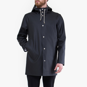 <b>Men's</b> Long Waterproof Hooded Raincoat <b>Black</b> Button Front Solid Color Outdoor Wear Regular Fit Polyester Shell <b>Jacket</b> - Product Image 1