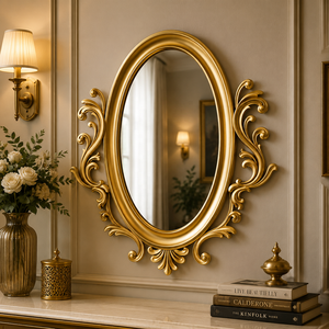 Espejo de Pared con Grabado de Madera Monarch Crest, Marco Artesanal para Tocador, Espejo Decorativo Premium para Interiores Elegantes - Product Image 1
