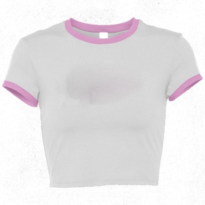 Crop top femme en jersey de coton premium 180 GSM, gris, avec col et manches côtelés roses, impression de logo personnalisée, respirant. - Product Image 1