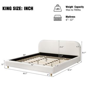 Letto King Size Imbottito con Tessuto Bouclé, Design Curvo, Testiera Spessa, Gambe in Legno Massello, Bianco - Product Image 3