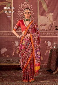 Sari en soie mélangée Patola, robe traditionnelle indienne avec chemisier, bordure florale, pour mariage et fêtes - Product Image 2