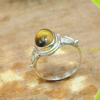 Bague ajustable artisanale en argent sterling 925 avec cabochon ovale en œil de tigre naturel marron doré, style bohème