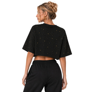Blusa Corta Personalizada con Pedrería y Abertura en Forma de Corazón para Mujer, Camisa Oversize de Algodón Pesado con Detalles de Bordado Dorado, ODM - Product Image 2