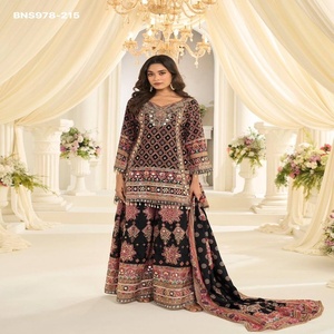 Excellent Quality Crepe Silk with Printed & Hand Aari - <b>Gota</b> Patti work Fully-Stitched Plazzo-Suit-Dupatta Wholesale Supply - Product Image 1