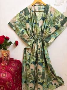 Robe longue décontractée en coton vert à imprimé floral pour femme, col en V, manches chauve-souris, imprimé safari, tenue de vacances, tunique d'été décontractée, coupe classique - Product Image 6