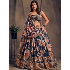 Festival d'organza imprimé floral bleu Lehenga Choli - Product Image 5