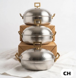 Luxury Hammered Stainless Steel Hot <b>Pot</b> <b>Set</b> 3 Pcs Insulated Food Warmer Casserole Brass Gold Handle - Product Image 1