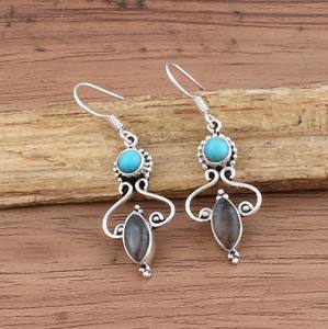 Boucles d'oreilles pendantes artisanales en argent sterling avec labradorite et turquoise naturelles, bijoux de luxe bohèmes pour femmes, cadeau de fête - Product Image 4