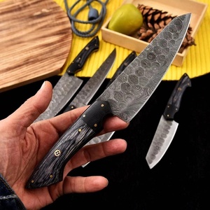Juego de Cuchillos de Cocina de Acero de Damasco Hechos a Mano de 5 Piezas con Mango de Micarta y Funda de Cuero, Cuchillos de Supervivencia, Utilitarios y de Caza - Product Image 1