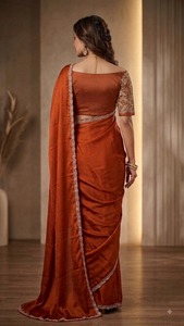 Sari élégant en polyethersulfone avec broderie, chemisier assorti, tenue de mariage pour femme, longueur ras du sol, coupe classique, style Bollywood, séchage rapide, Inde - Product Image 3