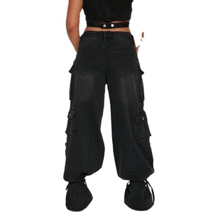 Women's <b>High</b> <b>Waist</b> Black <b>Cargo</b> Pants Loose Fit Distressed Denim With Multiple Pockets Hip Hop Style Full Length - Product Image 2