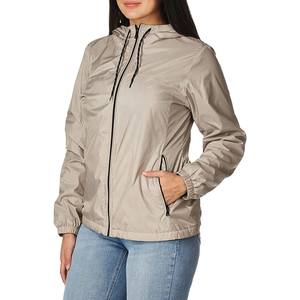 Chaqueta Cortavientos con Capucha para Mujer, Ligera, Impermeable, Transpirable, de Secado Rápido, Informal, Corte Regular, Color Sólido, Manga Larga, Beige - Product Image 1