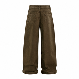 JMS-INDUSTRIES Jean vintage marron taille haute pour homme, coupe ample et large, coupe courte, avec fermeture boutonnée et poches obliques - Product Image 4