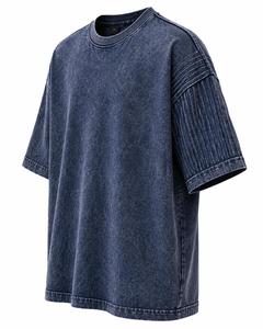 Camiseta de mezclilla lavada a la piedra de manga corta con cuello redondo oversize para hombre, color liso, algodón, estilo casual, ribete en contraste, estilo urbano, MOQ bajo - Product Image 4