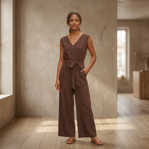 Combinaison marron sans manches en rayonne, col en V, longueur cheville, dos à découpe, ceinturée, coupe classique, décontractée d'été, tissée, respirante et confortable - Product Image 3