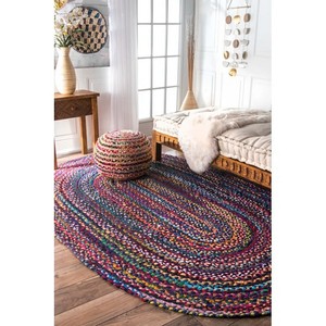 Tapis tressé bohème multicolore en patchwork, fils recyclés, fait main, à poils épais, rectangulaire, pour la décoration du salon - Product Image 1