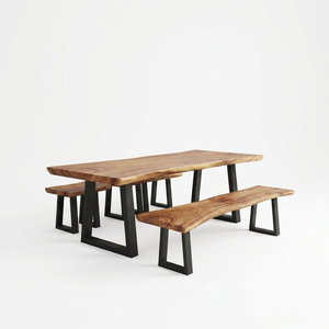 Juego de Comedor Rectangular Moderno de Madera Maciza de Suar con Bordes Naturales, Patas de Hierro, 2 Bancos, 6 Plazas, para Restaurante, Cafetería, Villa, Hotel - Product Image 4