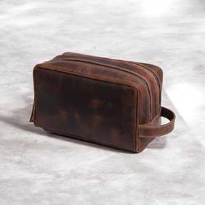 Genuine Leather Toiletry Bag <b>Mens</b> Dopp Kit Travel Wash Bag Shaving Kit <b>Pouch</b> Custom Brand Label Wholesale UK TYG-0232 - Product Image 2