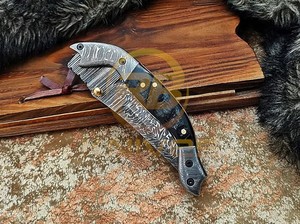 Couteau de poche pliant EDC en acier Damas personnalisé avec manche en corne de bélier véritable, OEM disponible - Product Image 5